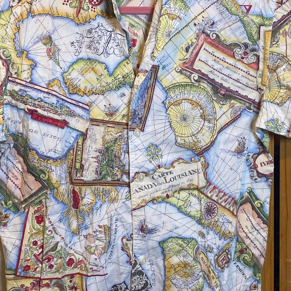 Lizwear Mens Vintage World Map Print Button Down Shirt Short Sleeve Cotton Med - Picture 6 of 13